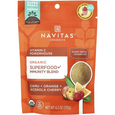 Navitas Organics, Mélange biologique de superaliments et de défenses immunitaires, vitamine C puissante, camu + orange + cerise acérola, 4,2 oz (120g)