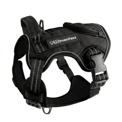 DreamPawz - Hondenharnas - Tactical Honden Tuigje - Reflecterend - K9 - Anti-Trek Harnas - Extra Controle - Ingebouwde Poepzakjesdispenser - Zwart - M