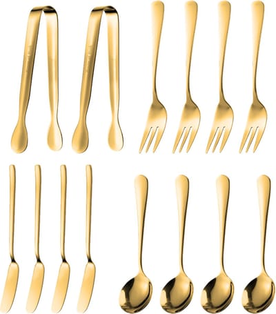 House of Husk Mini Serveerset met Theelepels en Gebaksvorken - 14 Delig - Koffielepels - Gebaksvorken - Botermessen - Suikerklonttang - Goud