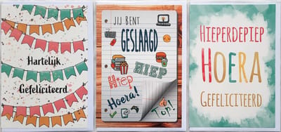 3 Wenskaarten - Geslaagd + Hartelijk Gefeliciteerd + Hieperdepiep Hoera - 12 x 17 cm – GES-305
