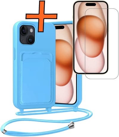Hoesje Geschikt voor iPhone 15 Plus Hoesje Met Telefoonketting Pasjeshouder Case Met Screenprotector Koord - Hoesje Geschikt voor iPhone 15 Plus Hoes Met Kaarthouder - Lichtblauw