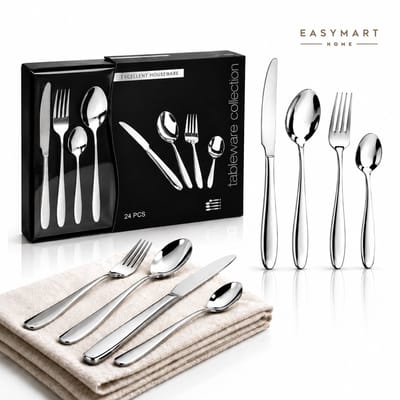 EasyMart Bestekset voor 6 Personen – 24-delig RVS Tafelbestek – Hoogglans Zilver – Vaatwasserbestendig – Messen, Vorken, Lepels & Theelepels