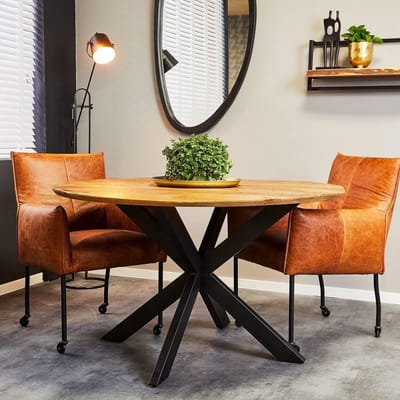 Eetkamertafel Rond - Eettafel Industriële Stijl - Gezellig Tafelen - Massief Mangohout Blad - 120 cm Diameter - Zwart