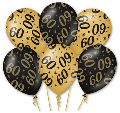 LUQ – Latex Ballonnen 60 Jaar – 6 Stuks – Zwart-Goud – Luxe Verjaardag Decoratie – Birthday Party – Helium Ready