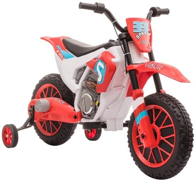 Elektrische Kindermotor - Kindermotorfiets - Kinderauto - 12V Accu - tot 3-8 km/u - Kinderen vanaf 3 jaar - met Zijwieltjes - Motorfiets - Accuvoertuigen - Kindervoertuig - Rood+Wit