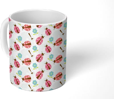 Mok - Koffiemok - Meiden - Lieveheersbeestje - Bloemen - Patronen - Girl - Kids - Kinderen - Mokken - 350 ML - Beker - Koffiemokken - Theemok