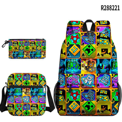 Populaire Coole Geometry Dash 3D Geprint 3 stuks/Set leerling Schooltassen Laptop Dagrugzak Rugzak Schuin gedragen schoudertas Etui