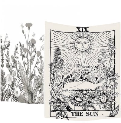 Ulticool – Wandkleed - Zon Natuur Bloemen Tarot Kaarten Horoscoop Vintage Retro – Set van 2 designs - 73 cm x 95 cm – Schilderij Wandtapijt Stof – Poster Art – Zwart Wit