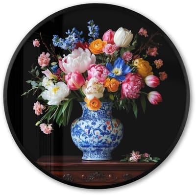 Poster in lijst Rond - Fotolijst 60x60 cm - Posters - Rozen - Bloemen - Vaas - Boeket - Ronde posterlijst zwart - Decoratie - Wanddecoratie woonkamer - Muurdecoratie slaapkamer