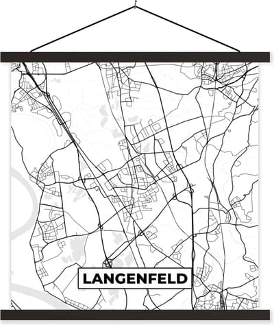 Posterhanger incl. Poster 60x60 cm - Schoolplaat - Langenfeld - Plattegrond - Stadskaart - Kaart - Textielposter - Zwarte latten - Stadskaart