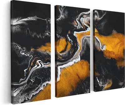 Artaza Canvas Schilderij Drieluik Abstracte Kunst van Zwarte Gouden Verf - 120x80 - Foto Op Canvas - Canvas Print