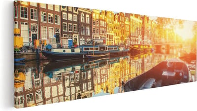 Artaza Canvas Schilderij Amsterdamse Grachten - 60x20 cm - Wanddecoratie Skyline - Muurdecoratie Zon - Kamer Accessoires Boot