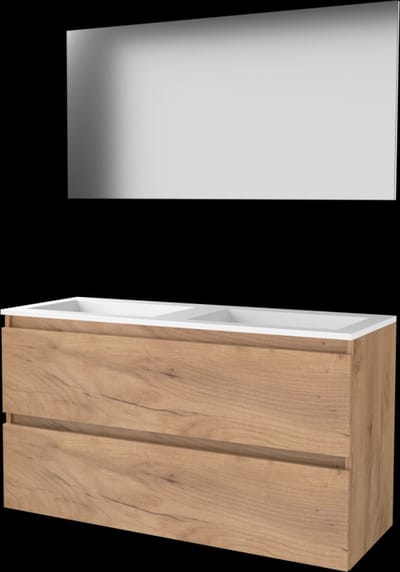 Basic-Line Basic 46 Badkamermeubelset - 120 x 46 cm - Greeploos - 2 Lades - Acryl Wastafel - Zonder Kraangat - Spiegel - Whisky Oak