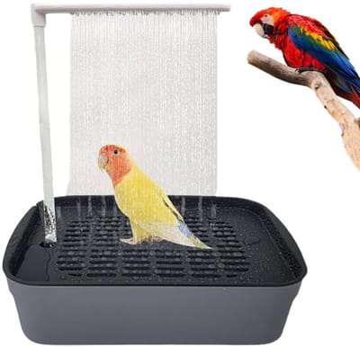 Automatisch vogelbad voor kooivogels - Vogeldouchefontein met waterpomp - Elektrisch papegaaienbad met circulerend water - Huisdierbadspeelgoed - Voor kaketoes, lovebirds, conures en grasparkieten - Grijs