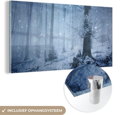 MuchoWow® Glasschilderij 40x20 cm - Schilderij acrylglas - Bos - Winter - Sneeuw - Foto op glas - Schilderijen
