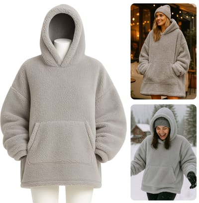 Cheqo® Teddy Hoodie Deken voor Vrouwen Grijs - Grijze Teddy Hoodie - Snuggle Hoodie - Cuddle Hoodie - Hoodie Blanket - Oodie Plaid - Deken - Oversized Hoodie - One Size