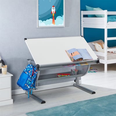 Kinderbureau SARI, kantelbaar en in hoogte verstelbaar, in wit/aluminium
