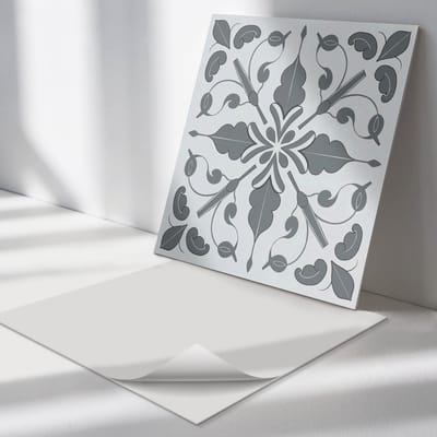 Wallfluent Vinyl Tegels - Plantmotief in Symmetrie Wand PVC Tegels - 30 cm x 30 cm - Grijs Vinyl Tegels - Set van 9 - Vierkant PVC Tegels - Texturen Plaktegels - Vinyl Tegels Zelfklevend - Plaktegels Keuken en Badkamer