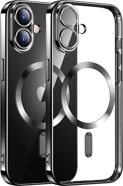 Hoesje Geschikt voor iPhone 16 Plus Magsafe hoes - Lens beschermer – backcover – Transparant/Zwart