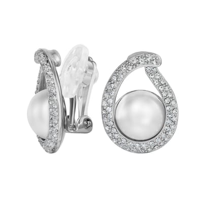 Traveller Clip Oorbellen - Oorclips Dames - Zilverkleurig - Parels - Wit - 10mm - Kristallen - Druppel - Geplatineerd - 20x15mm - 114368