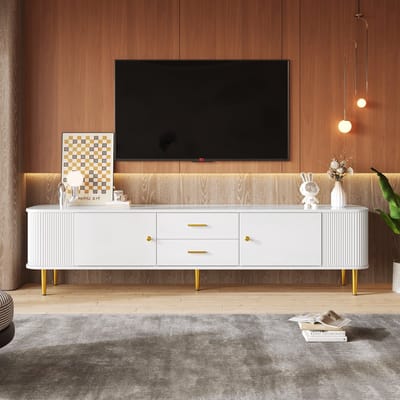 Sweiko TV kast - 2 laden - Ronde hoeken - Golvende zijkanten - Gouden handgrepen - Wit
