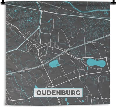 Wandkleed - Wanddoek - België – Oudenburg – Stadskaart – Kaart – Blauw – Plattegrond - 180x180 cm - Wandtapijt