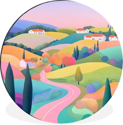 WallCircle - Wandcirkel - Muurcirkel - Landschap - Paars - Pastel - Huizen - Aluminium - Dibond - 30x30 cm - Binnen en Buiten