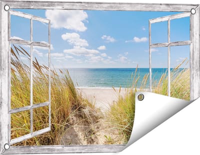 Gards Tuinposter Doorkijk Strand en Zee vanuit Duinen - 60x40 cm - Tuindoek - Tuindecoratie - Wanddecoratie buiten - Tuinschilderij