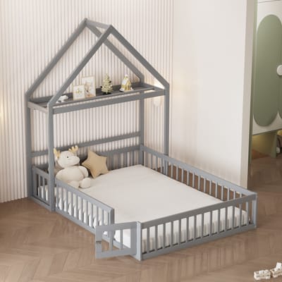 Clruro Kinderbed - 140x200 cm - Massief Houten Bed met Opbergruimte - Veiligheidshek - Grijs