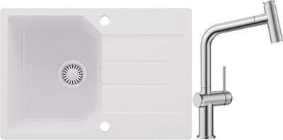 Anycee MAX Spoelbak Keuken 65x45CM - Granieten Spoelbakken Met Keukenkraan met uittrekbare uitloop - Onderbouw Spoelbak Wit - Met waterafvoersysteem - Voor 40 cm kast