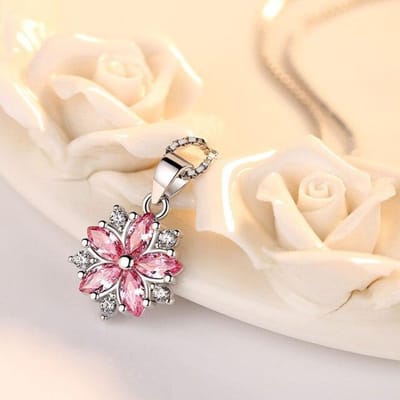 Collier en argent sterling 925 pour femme, pendentif en forme de fleur, chaîne de clavicule en cristal de diamant rose de haute qualité, longueur 45 cm beige