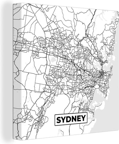 Canvas Schilderij Kaart - Sydney - Stadskaart - Plattegrond - Zwart Wit - 20x20 cm - Wanddecoratie