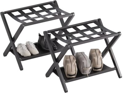 Bamboe Opvouwbare Bagagerek Set van 2 voor Logeerkamer - Ruimtebesparende Kofferstandaard met Opbergplank en Stevige Nylon Riemen