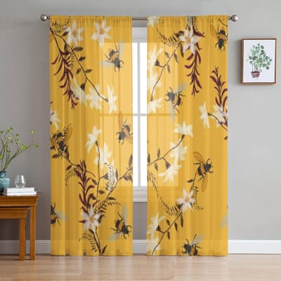 Bij Vlinder Bloemen Luxe Chiffon Transparante Gordijnen voor Woonkamer Slaapkamer Decoratie Raam Voiles Tule Gordijn 135W x 114H(cm) beige