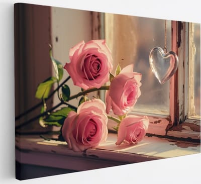 Saammp Canvas Schilderij - Roze Rozen Met Hart - Bloemen - 30x20 - Foto op canvas - Wanddecoratie - Muurdecoratie Woonkamer - Kantoor Decoratie