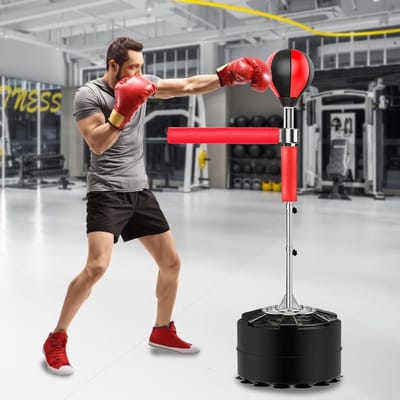 Bokslamp Punchingbal - Staande Bokszak - Fitness Training - 360 Graden Draaibaar - Verstelbaar 195cm - Rood Zwart