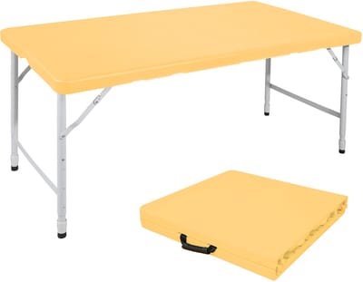 MODFU Buitentafel 125x61x58-74 cm van kunststof en ijzer, inklapbaar met draaggreep, geel
