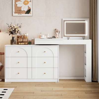 REDOM - Schminktafel - Met LED-spiegel met instelbare helderheid - Met 7 lades en open opbergruimte - 105×40×80cm wit