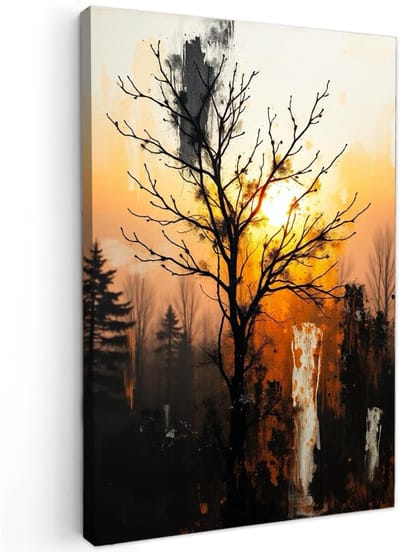 Canvas Schilderij - Amber Forest - 90x60 cm - Moderne kunst - Huis decoratie woonkamer - Keuken muur schilderijen - Wanddecoratie accessoires - Kamer interieur - herfst