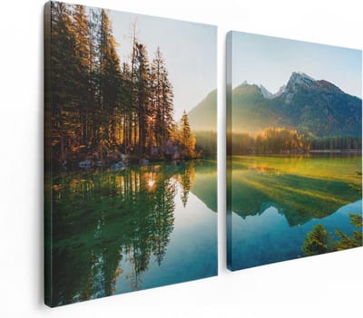 Artaza Canvas Schilderij Tweeluik Zonsopgang Bij Het Meer In De Herfst - 120x80 - Foto Op Canvas - Canvas Print