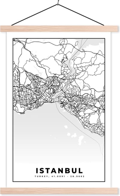 Posterhanger incl. Poster 40x60 cm - Schoolplaat - Istanbul - Plattegrond - Stadskaart - Zwart Wit - Kaart - Textielposter - Blanke latten - Stadskaart