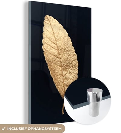 MuchoWow® Glasschilderij 120x180 cm - Schilderij acrylglas - Black en gold - Bladeren - Zwart - Planten - Luxe - Foto op glas - Schilderijen