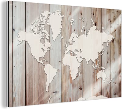 Aluminium schilderij 180x120 cm - Wanddecoratie metaal - Wereldkaart - Hout - Simpel - Metalen muurdecoratie woonkamer - Decoratie industrieel - Foto op dibond - Industriële accessoires slaapkamer