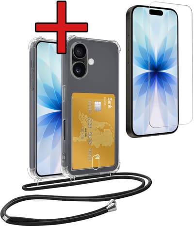 Hoesje Geschikt voor iPhone 17 Hoesje Met Telefoonkoord en Pasjeshouder Met Screenprotector Siliconen - Hoes Geschikt voor iPhone 17 Hoesje Met Kaarthouder Shock Proof Case - Transparant