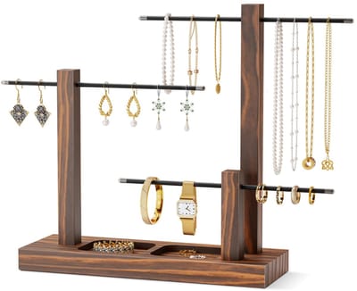 Myon Home Luxe Sieradenhouder – Massief Houten Sieradenrekje – Organizer voor Kettingen, Armbanden, Oorbellen & Ringen – Donkere Houtlak – Ruimtebesparend & Elegant Design