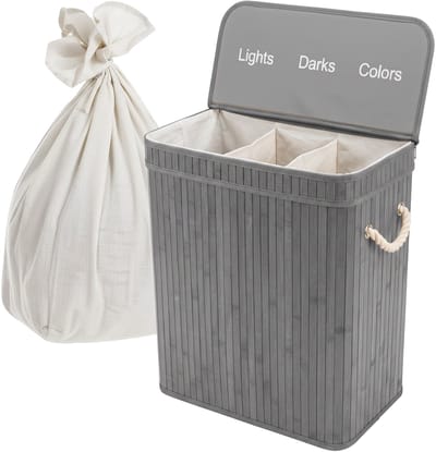 Wasmand 3 vakken - 105 l - opvouwbaar - bamboe - grijs