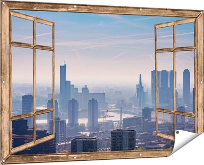 Gards Tuinposter Doorkijk Rotterdamse Skyline - 150x100 cm - Tuindoek - Tuindecoratie - Wanddecoratie buiten - Tuinschilderij