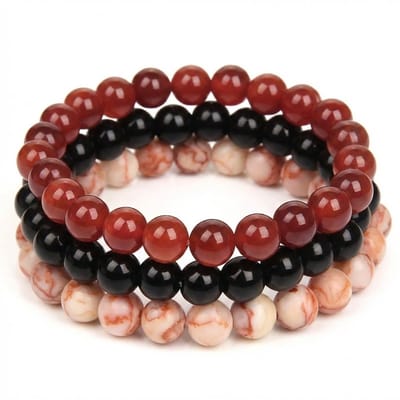Rood zwart marmerlook kralen armband set voor dames en heren – elastische armband van steen – 3 stuks