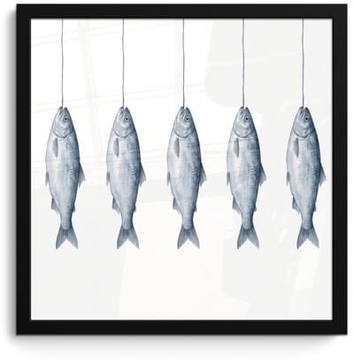 Poster in lijst - Fotolijst 40x40 cm - Posters - Vissen - Illustratie - Delfts - Blauw - Posterlijst zwart - Decoratie - Wanddecoratie woonkamer - Muurdecoratie slaapkamer