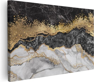 Artaza Canvas Schilderij Abstract - 90x60 cm - Wanddecoratie Marmer - Muurdecoratie Zwart Wit - Schilderijen Op Canvas Goud